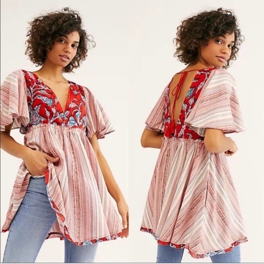 Free People Women's XS Red Under The Sun Tunic Empire Waist Deep V-Neckline Boho - Picture 11 of 11